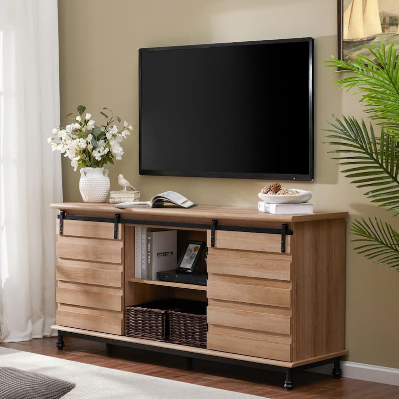 WAMPAT Farmhouse Sliding Barn Door TV Stands Storage Cabinets Entertainment Stand for TVs Up to 65"