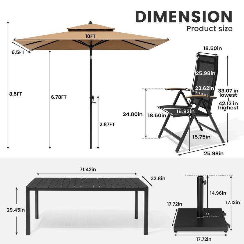 9/11-Piece Outdoor Patio Dining Set Aluminum Dining Table and Chairs w/10 ft Market Umbrella and Base with Wheels