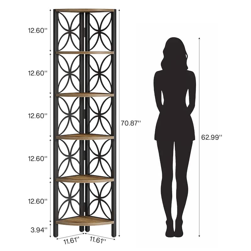 Industrial 6-Tier Corner Shelf Bookshelf Display Stand for Living Room