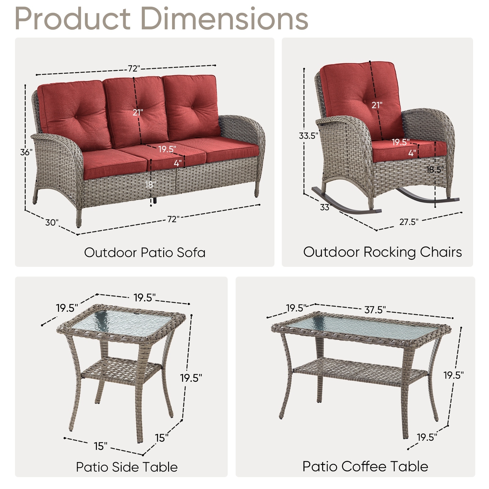 5 Pieces Rocker Chairs Patio Sofa Table Grey-Red - Grey