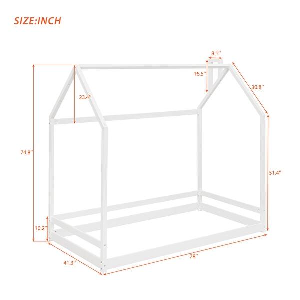 dimension image slide 1 of 4, Kids Twin House Bed with Roof, Semi-Enclosed Play Area, and Sturdy Pine Frame