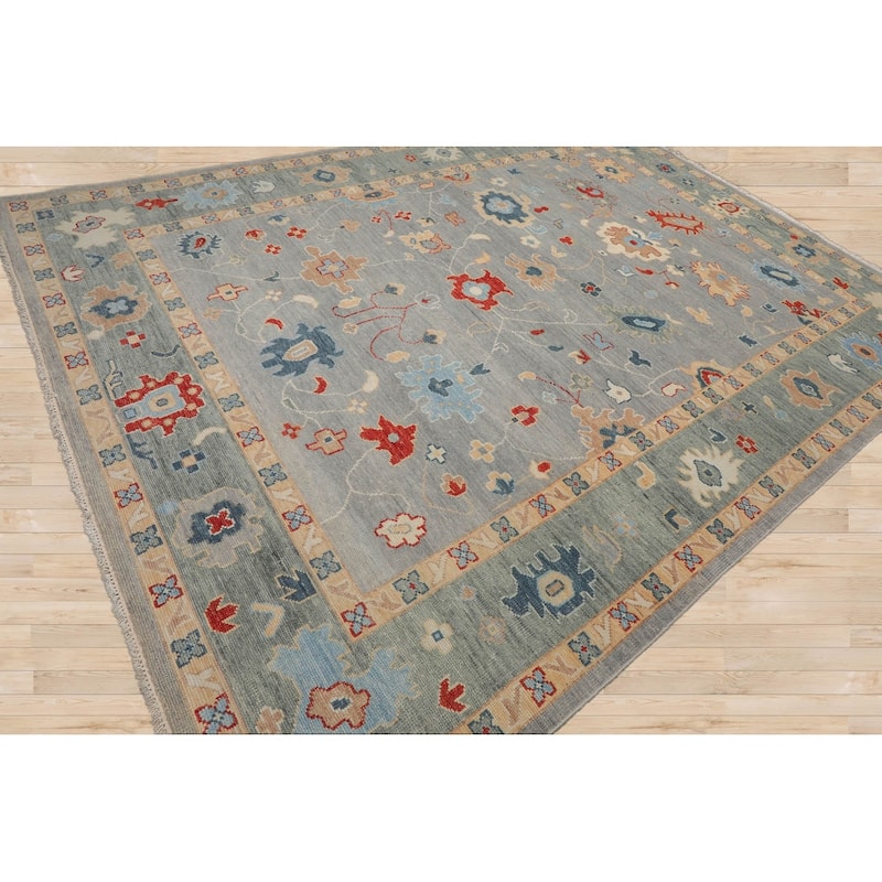 Hand Knotted Oushak Slate All-Over Wool Arts & Crafts Oriental Rug - 9' 1'' x 11'