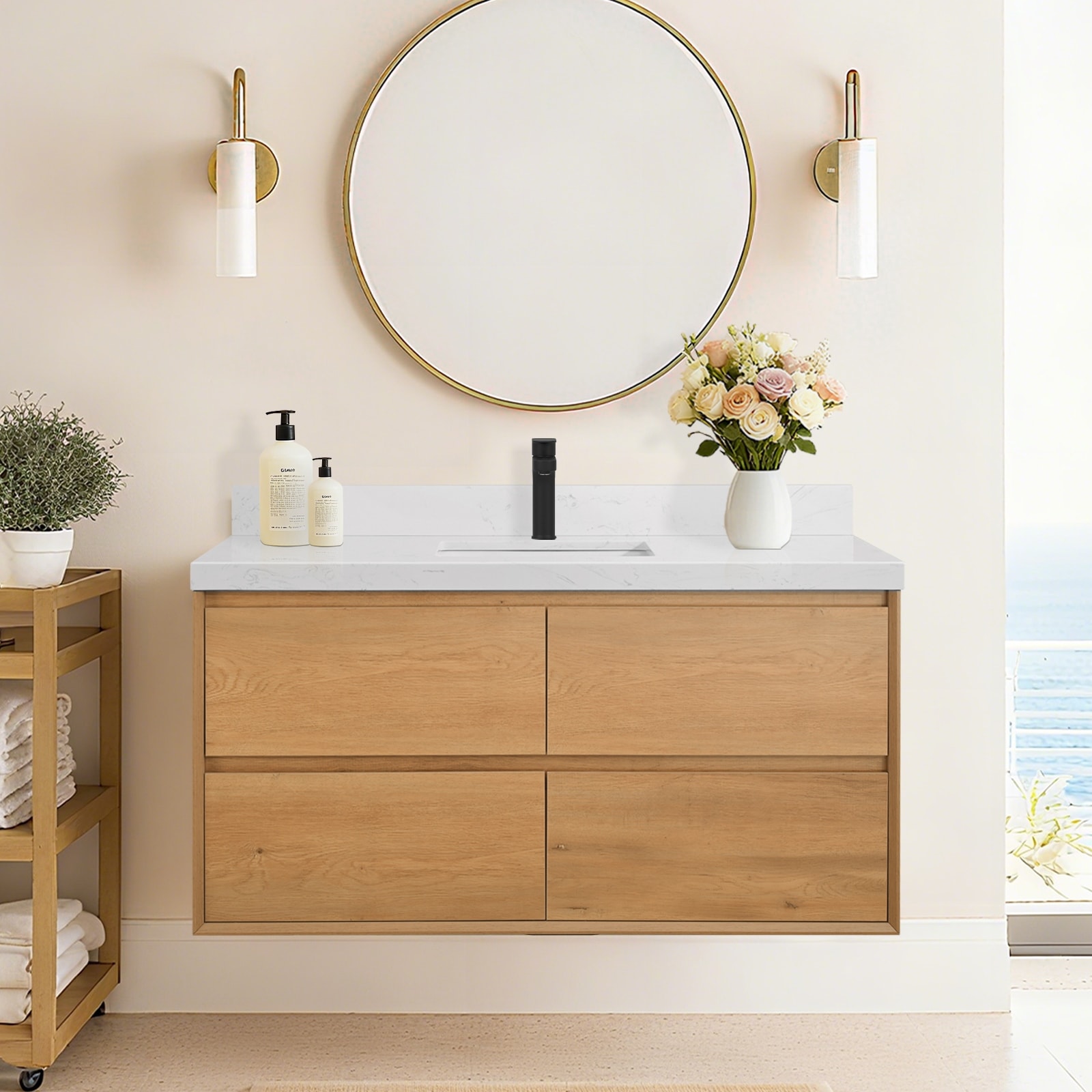 Sylphar 48 in. Toffee Oak Bath Vanity with Undermount Sink, 3 Top Options