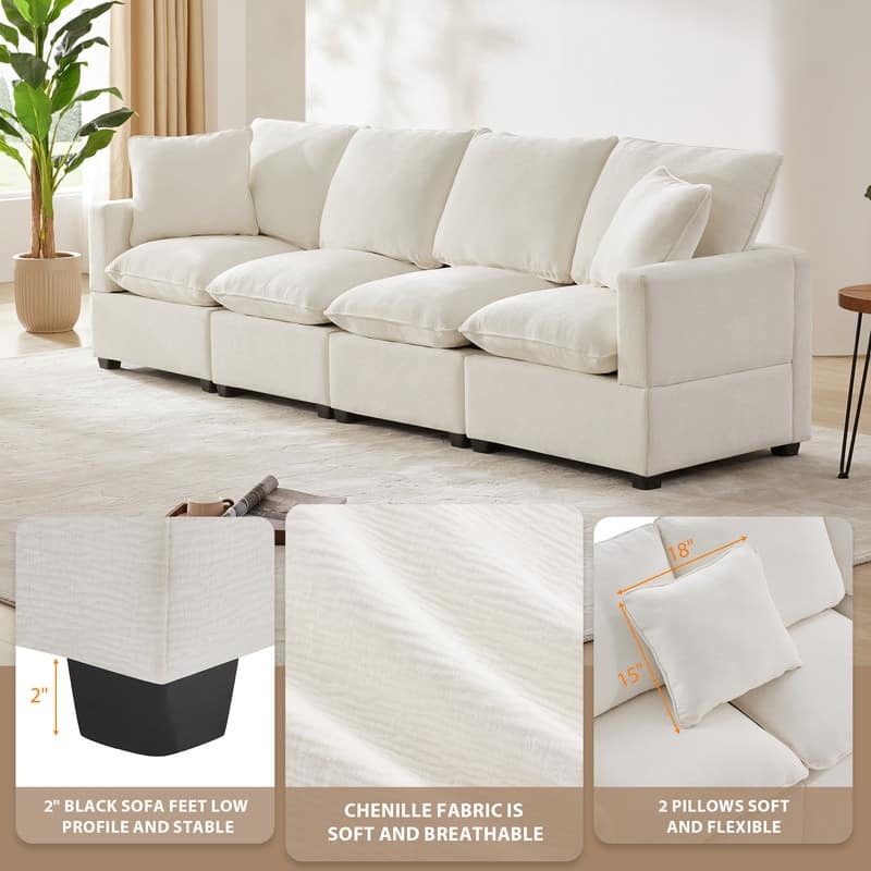 110" Modern Chenille Sofa,4 Seater Sectional Couch with 2 Pillows Included