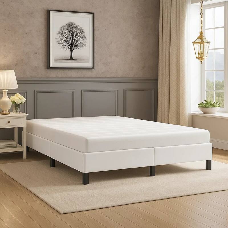 Ceri Full Size Bed Frame, White Faux Leather, Low Profile Legs