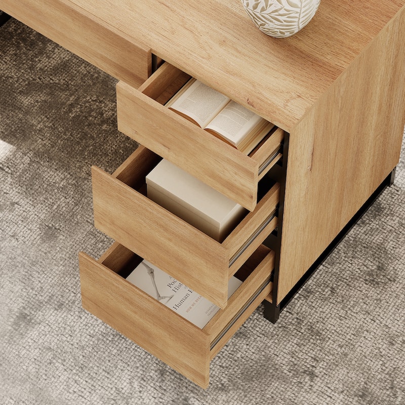 WAMPAT 59" Modern Executive Desk with Drawers & Charging Station, Wood Office Desk for Bedroom, Living Room, Home Office.