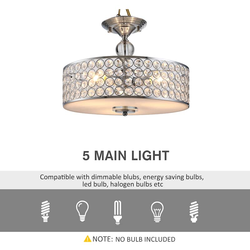 HOMCOM Chandelier Pendant Light Lamp with Crystal Ball Pole, Drum Shaped Shade, Ceiling-Connecting Metal Base, Silver