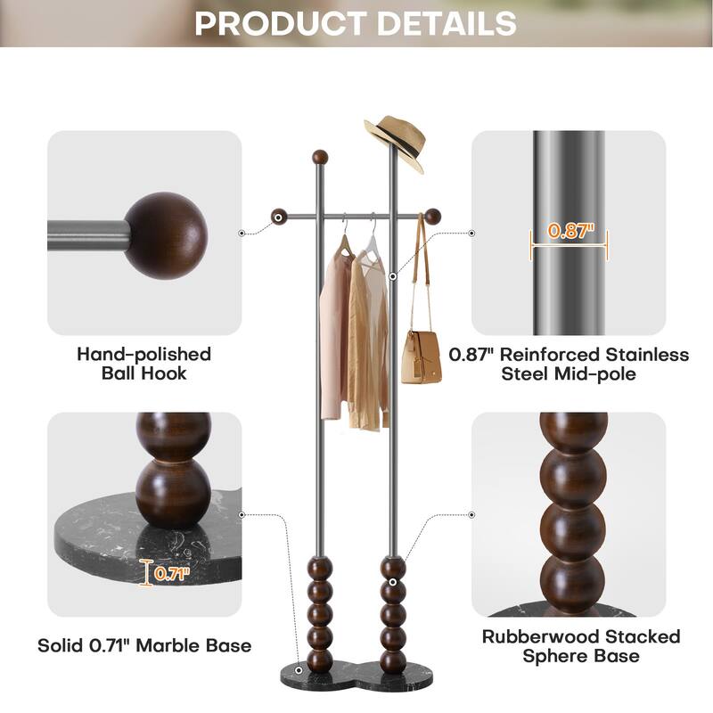 Metal Freestanding Coat Rack with Heavy Duty Marble Base - 70"H x 19.7"W (top) × 17.7"(base) x 9.8"D