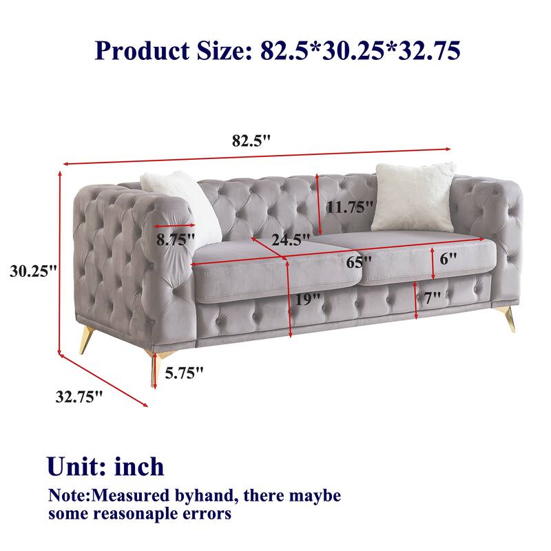 FX 82.5-inch Deluxe Velvet Sofa with Chesterfield Tufted Buttons with 2 Pillows and Metal Feet