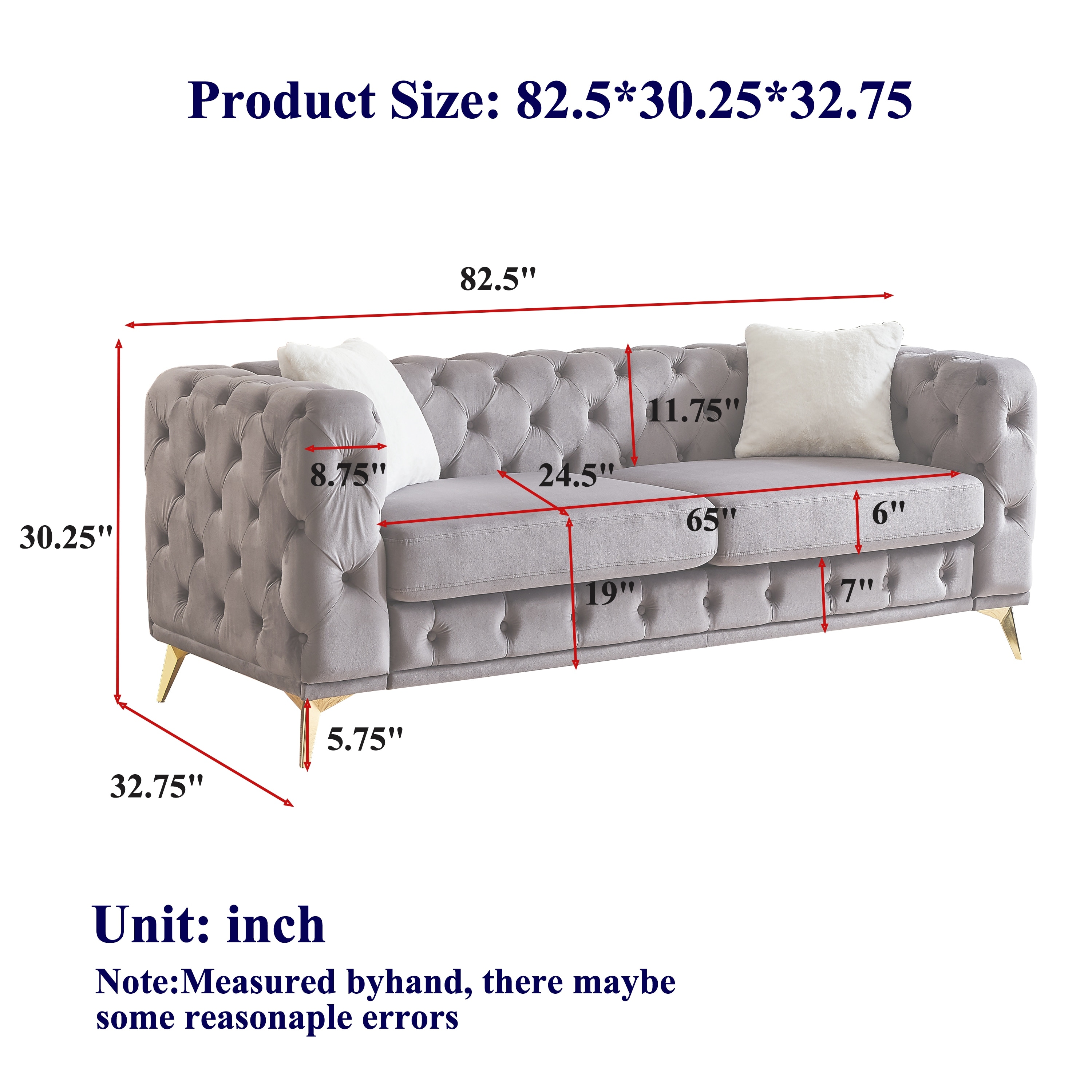 Velvet Upholstered 3 Seater Sofa, Chesterfield Tufted Button Sofa, Lounge Sofa Chair with 2 Pillows & Metal Legs