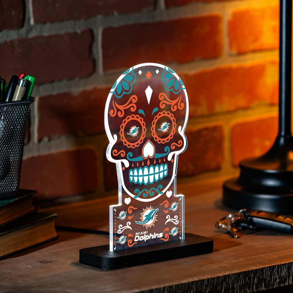 10" LED Tabletop Sugar Skull Halloween Desklite Sign, Miami Dolphins - Multicolor. - 10" x 7"