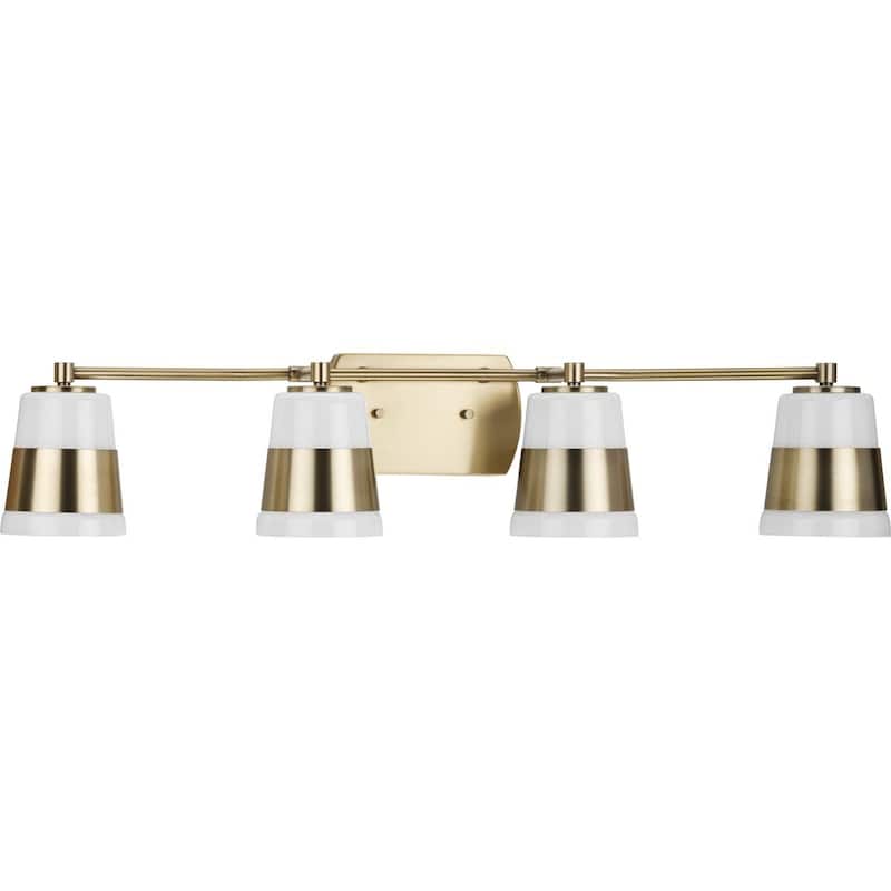 Haven Collection Four-Light Vintage Brass Opal Glass Luxe Industrial Bath Light - 34 in x 6.75 in x 7 in - 34 in x 6.75 in x 7 in