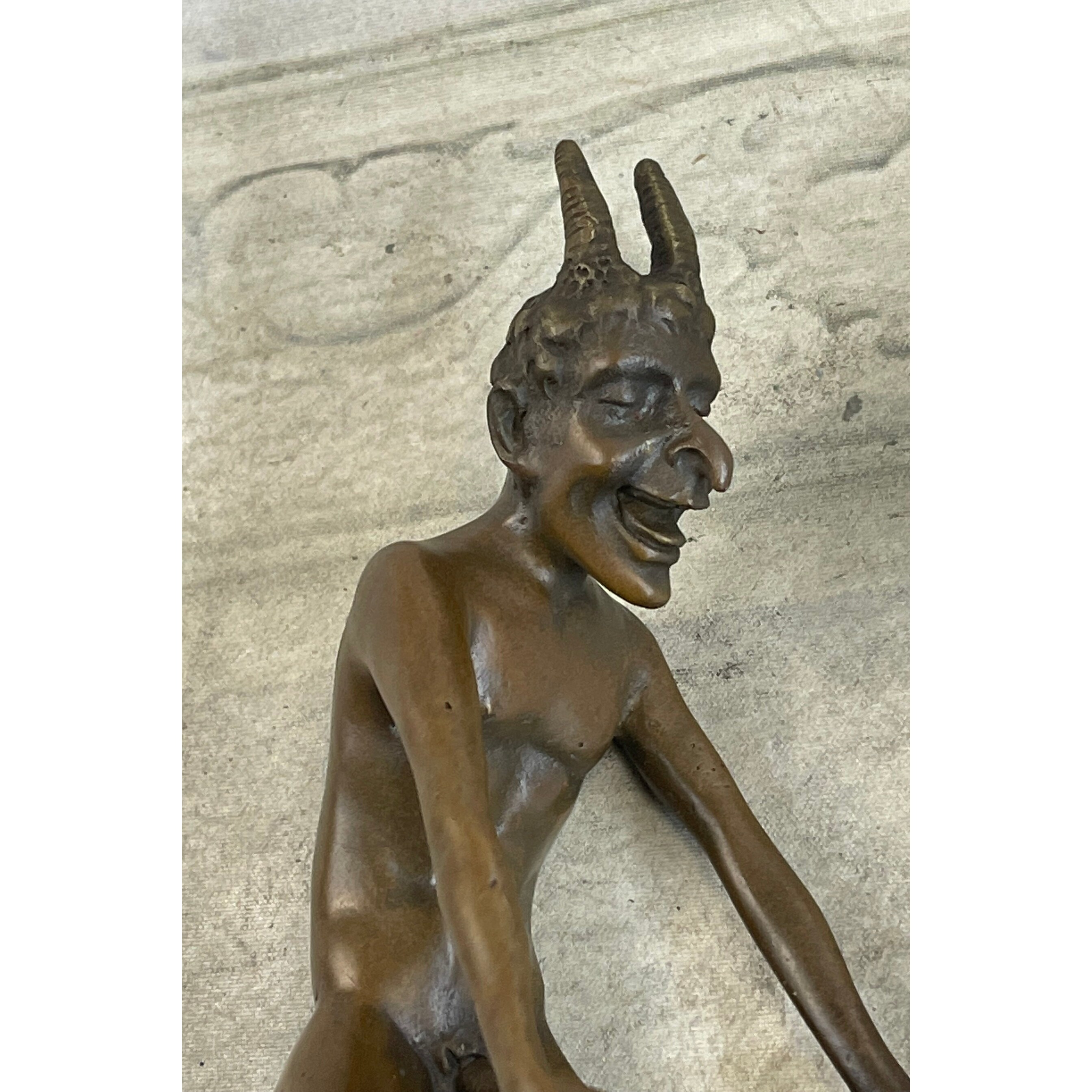 Horned Satyr Demon Devil W/ Erect Bronze Figure Figurine