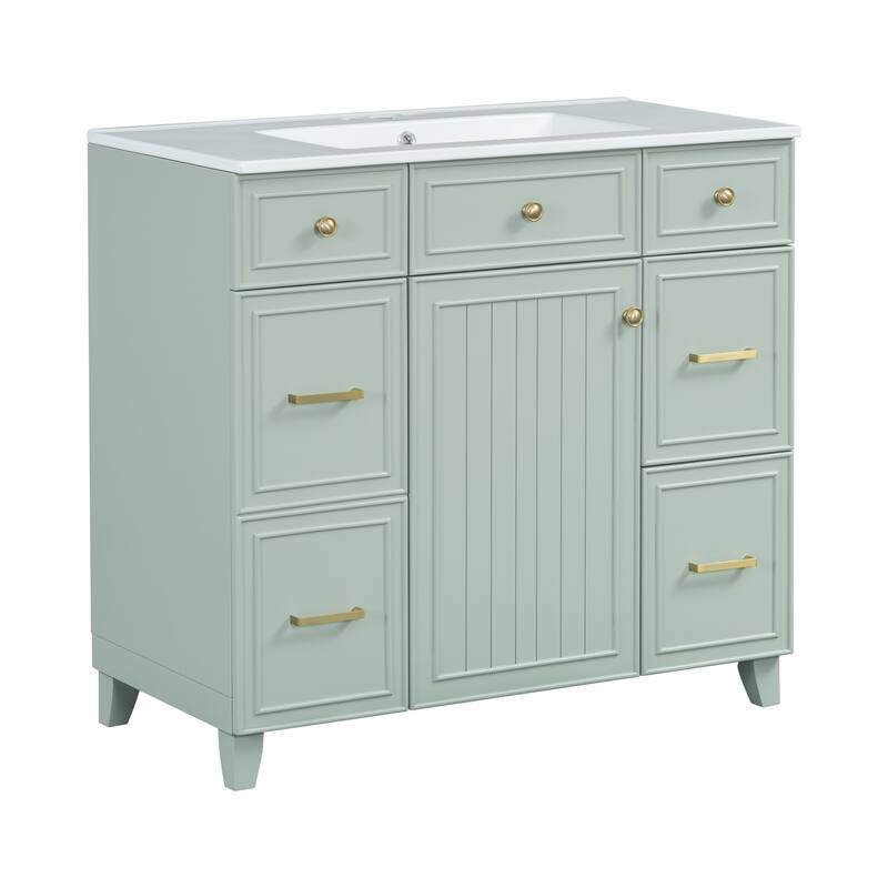 36 Inch Freestanding Bathroom Vanity with White Ceramic Basin and Door and Drawers