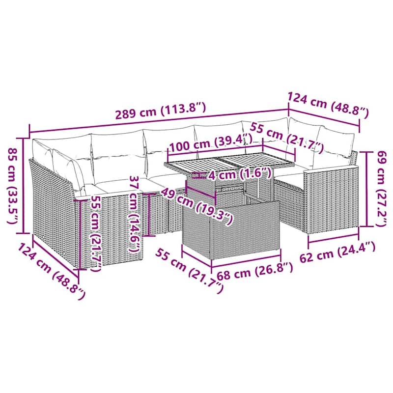 vidaXL Patio Sofa Set with Cushions Lounge Set 7 Piece Poly Rattan Acacia - 21.7 x 39.4 x 28.7