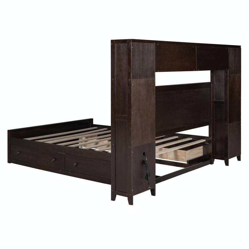 Wooden Bed with Built-in Cabinet, Shelf, and Sockets