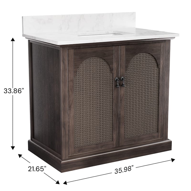 36" Bathroom Vanity with Single Sink, Double Doors, Rattan Accents & Marble-Style Top