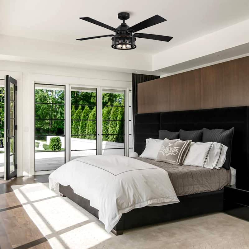 52" Industrial Reversible Wood 5-Blade Black Ceiling Fan with Light and Remote
