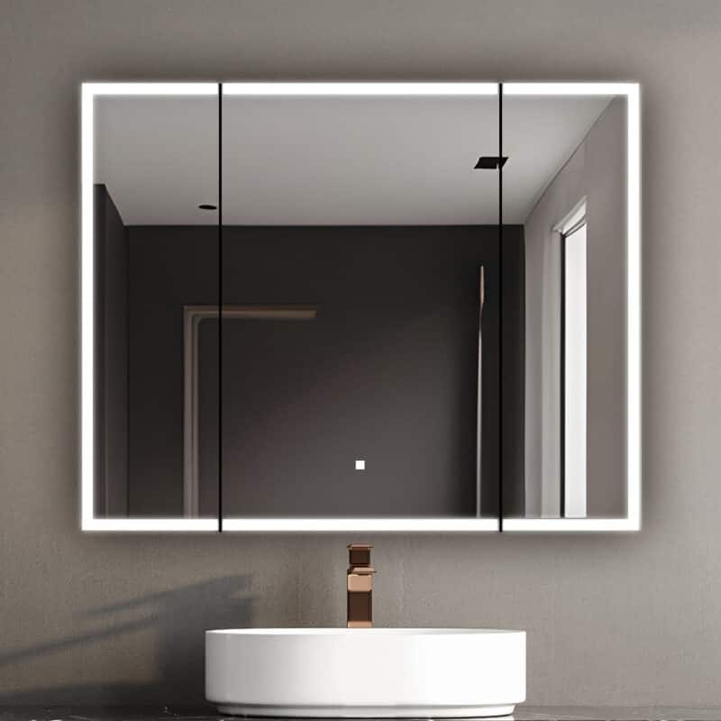 AQUADOM Edge Royale 40W Bathroom Led Lighted Medicine Cabinet Defogger, 3X LED Adjustable Magnifying Mirror, Electrical Outlets