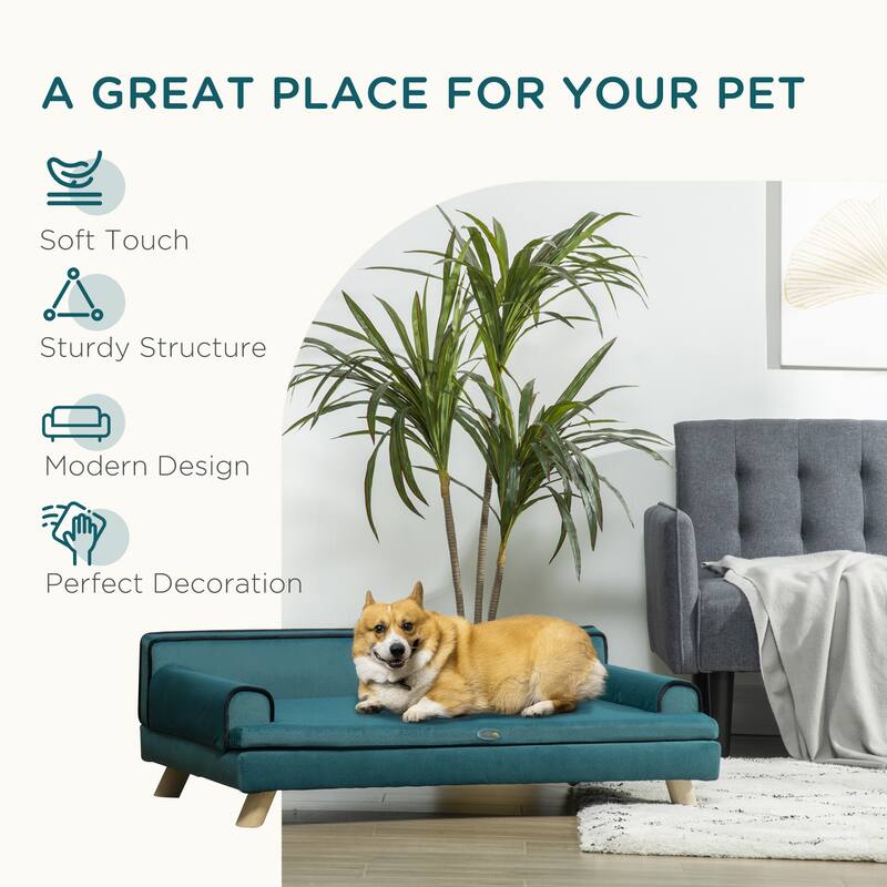 PawHut Soft Foam Large Dog Couch for a Fancy Dog Bed, Spongy Dog Sofa Bed, Washable Cover, Elevated Dog Bed, Teal