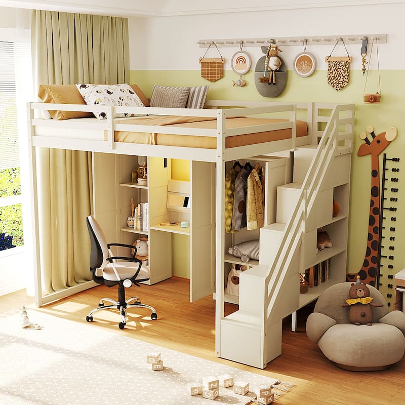 Full Size Loft Bed with Storage Staircase, Built-In Dressing Table, USB Ports & Lights by Harper&Bright Designs - Beige