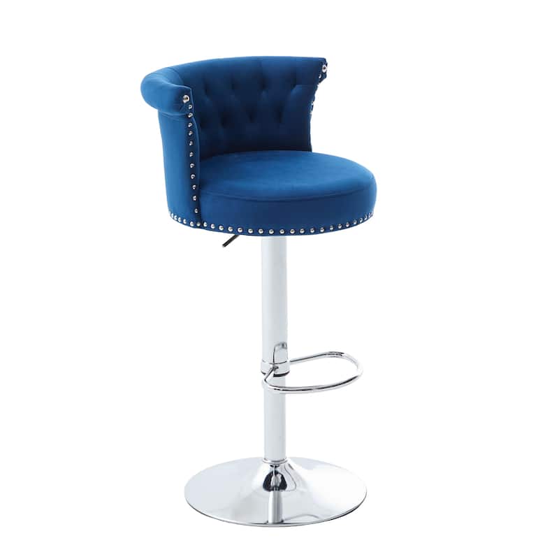 Velvet Bar Stool Set of 2, Adjustable Swivel Bar Stools with Silver Plated Metal Leg, Chrome Nailhead, Counter Height Chair