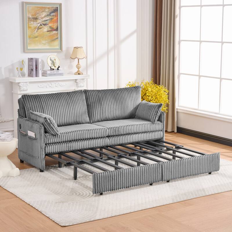 Roomfitters 73" Modern Corduroy Sofa Bed with Pull-out Sleeper Design, Modular Daybed with Storage Pocket & Pillows