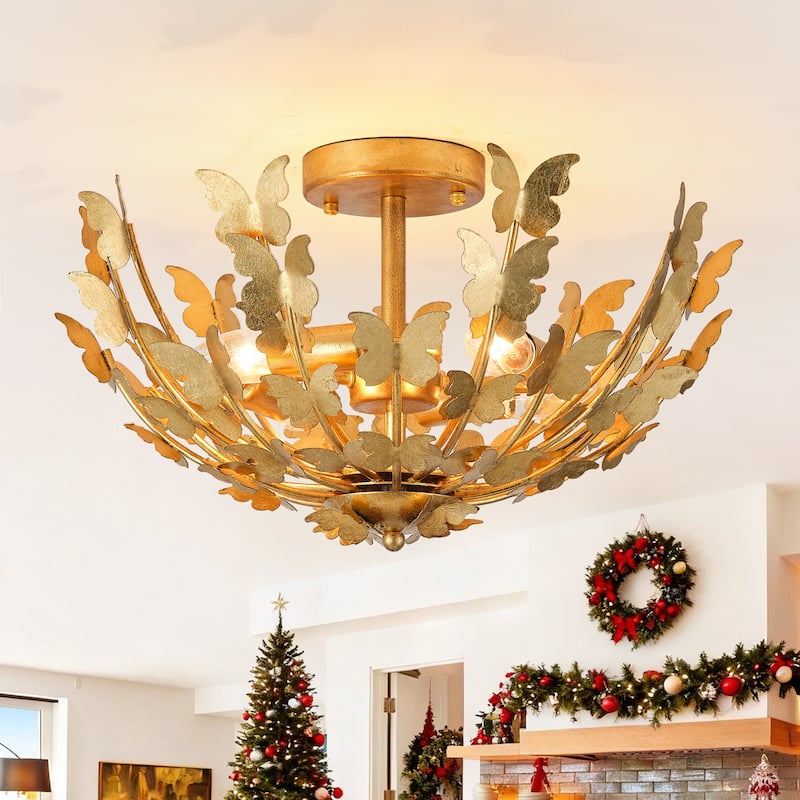 Antique Gold Butterfly Bowl 4-Light Semi Flush Mount Ceiling Light - 17.7"Wx10.4"H