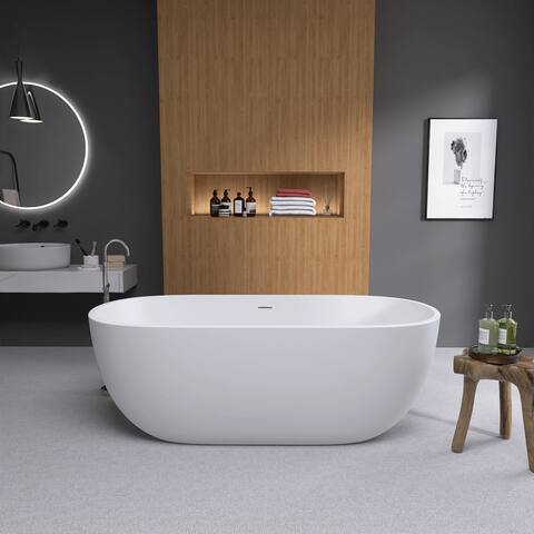65" Oval Freestanding Acrylic Soaking Bathtub with Pop-up Drain and Integrated Slotted Overflow