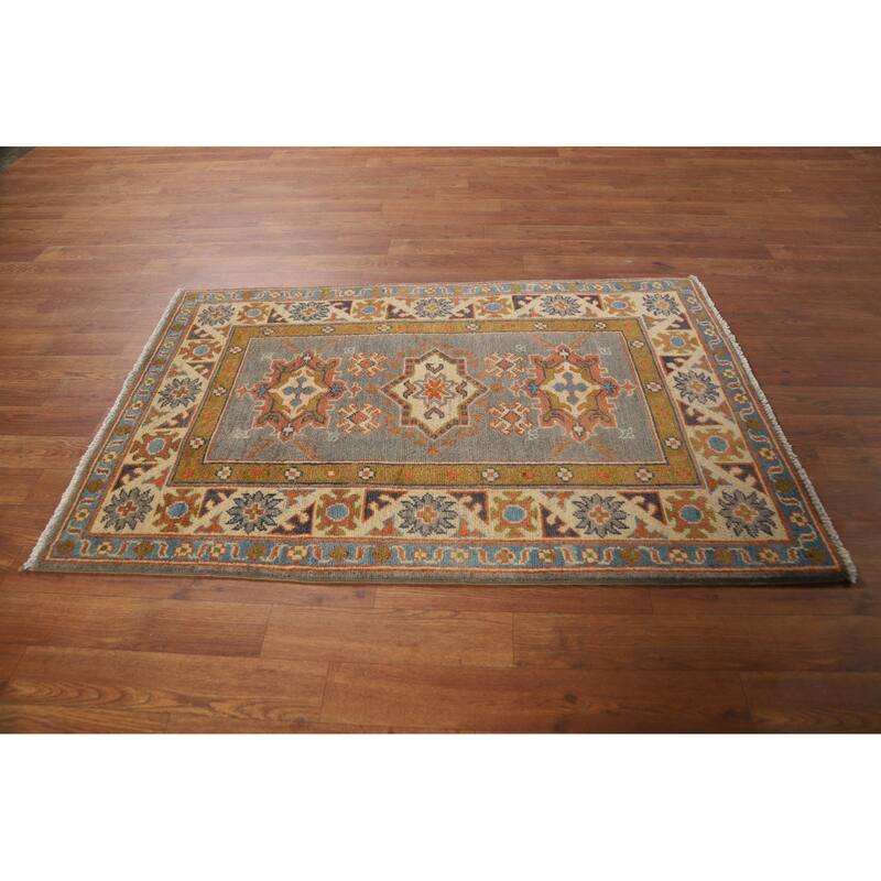 Gray Kazak Foyer Rug Hand-Knotted Traditional Wool Carpet - 2'7"x 4'2"