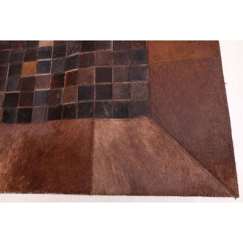 ECARPETGALLERY Handmade Cowhide Patchwork Dark Brown Leather Rug - 6'1 x 6'1