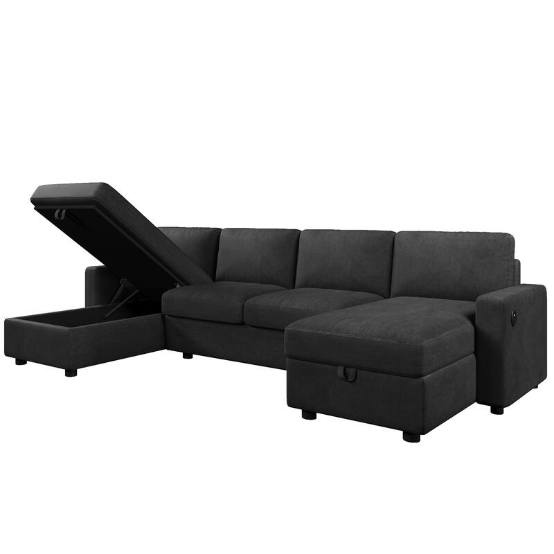 103.9" Polyester U-Shaped Sectional Sofa with 2 Storage Chaises & 4 USB Ports