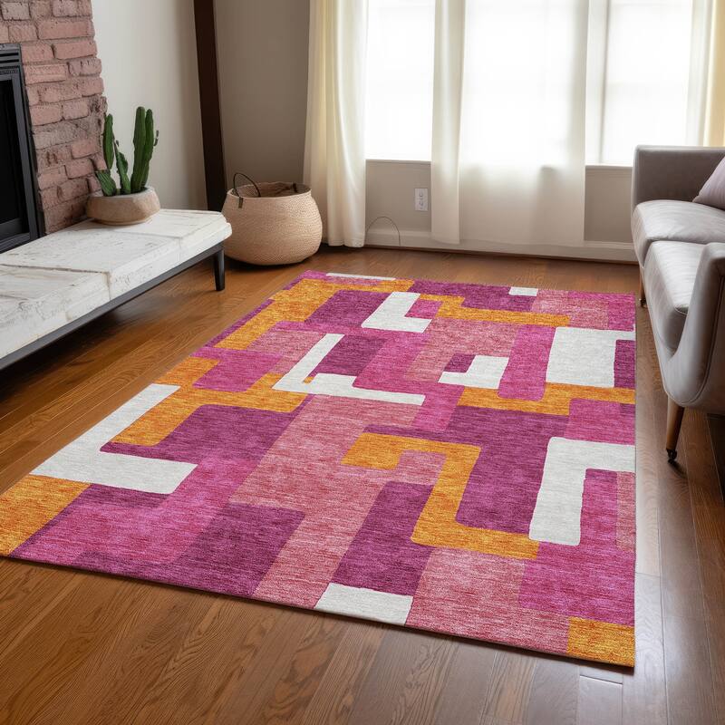 Machine Washable Indoor/ Outdoor Contempoary Blocks Chantille Rug