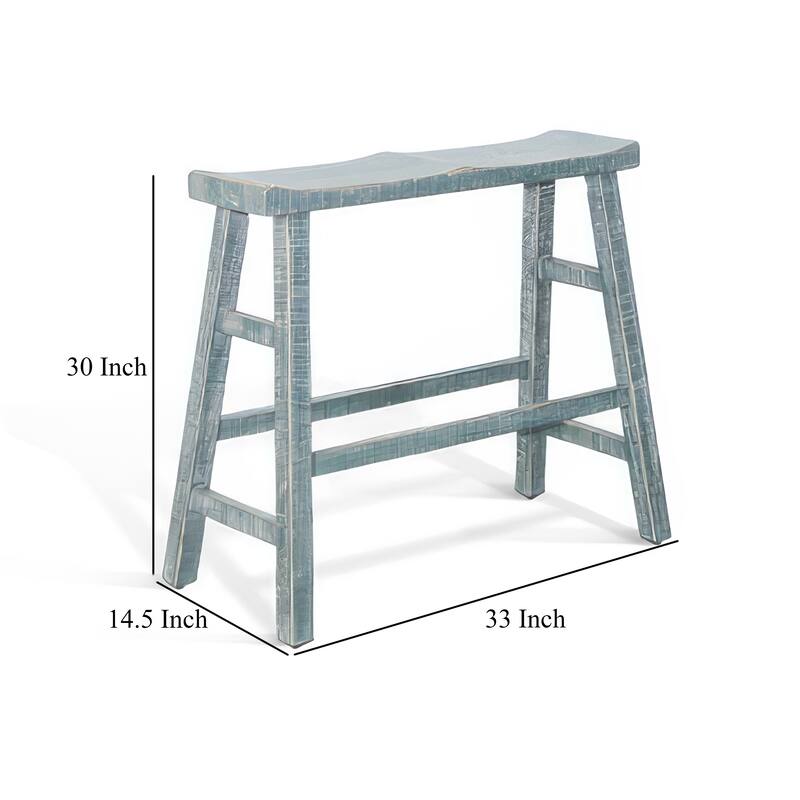 Rena Bar Height Bench, 33 Inch Rustic Seagrass Green Mahogany Wood