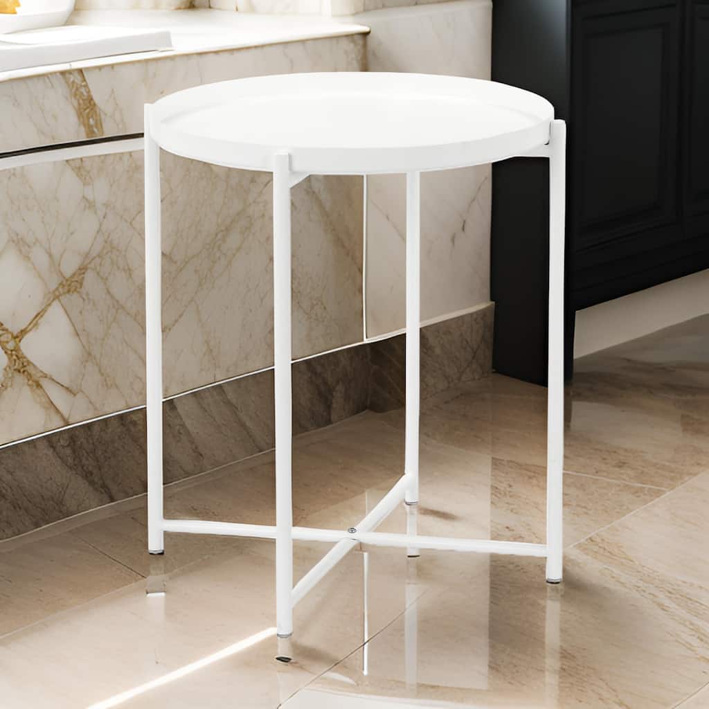 Ely 21 Inch Side End Table, White Round Tray Top, Modern Open Metal Frame