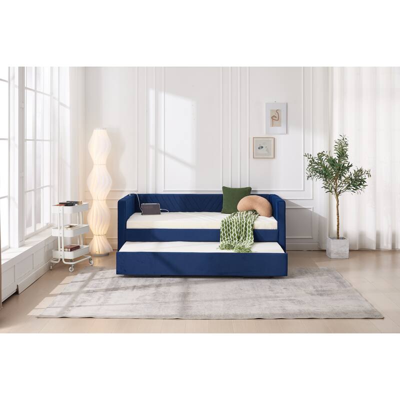 Twin Size Velvet Daybed with Trundle, USB Charging Port & Side Pockets, Modern Upholstered Sofa Bed with V-Pattern Backrest