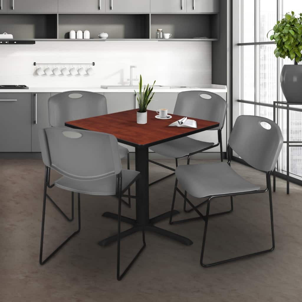 36" Square Breakroom Table- Cherry & 4 Stack Chairs- Grey - Grey, Cherry - 36