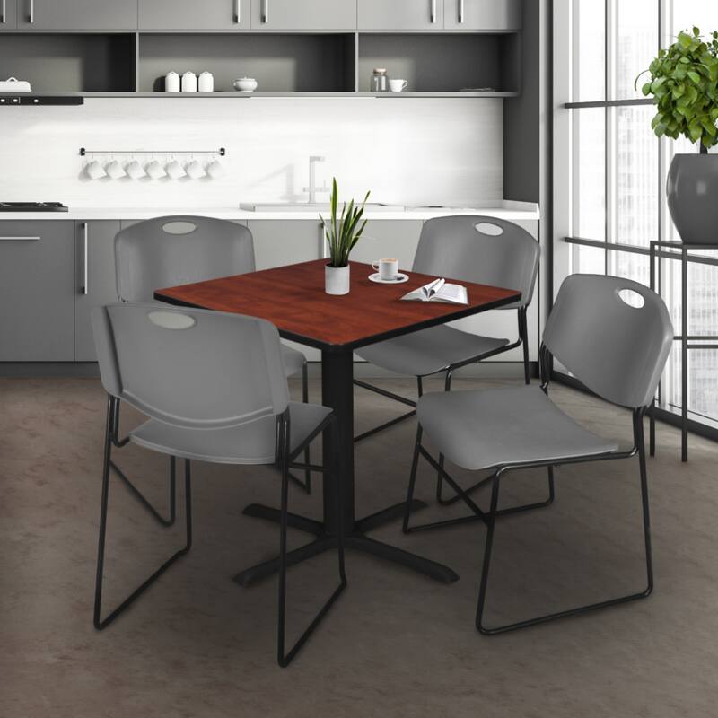 36" Square Breakroom Table- Cherry & 4 Stack Chairs- Grey - Grey, Cherry - 36