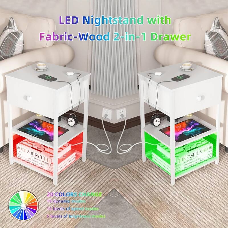 LED Nightstands Set of 2 with Charging Station