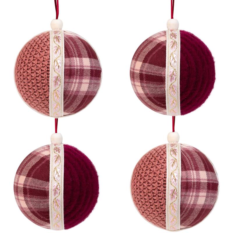 Plaid and Knitted Christmas Ball Ornaments - 3.5" - Maroon and Ivory - Set of 4