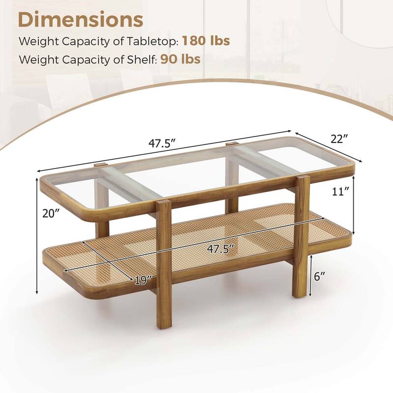 Costway 2-Tier Rustic Coffee Table with Storage Tempered Glass - Brown & Natural - See Details
