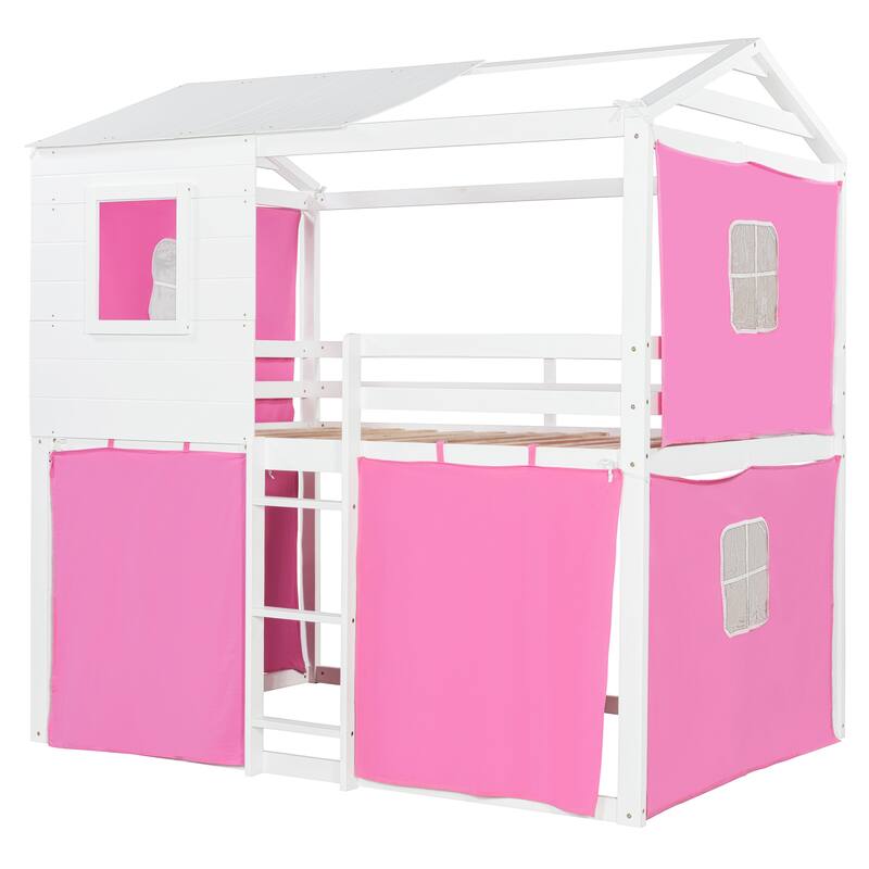 Full Size Kids Playhouse Bunk Bed with Tent Wooden Frame and Sliding Window