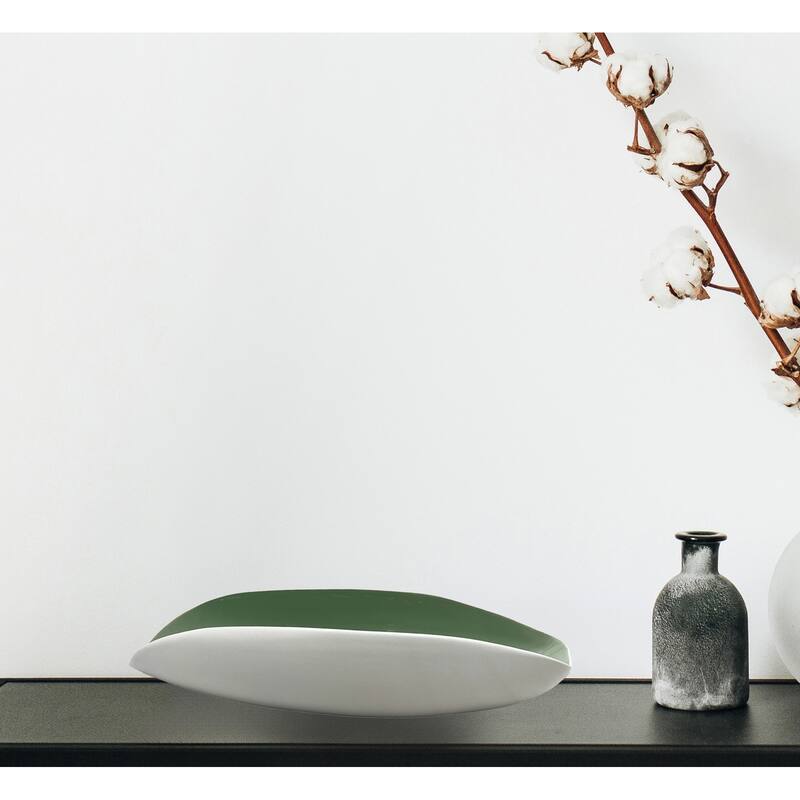 14 Inch Wide Modern Decorative Bowl in White and Green - 13.5 x 6 x 3 in