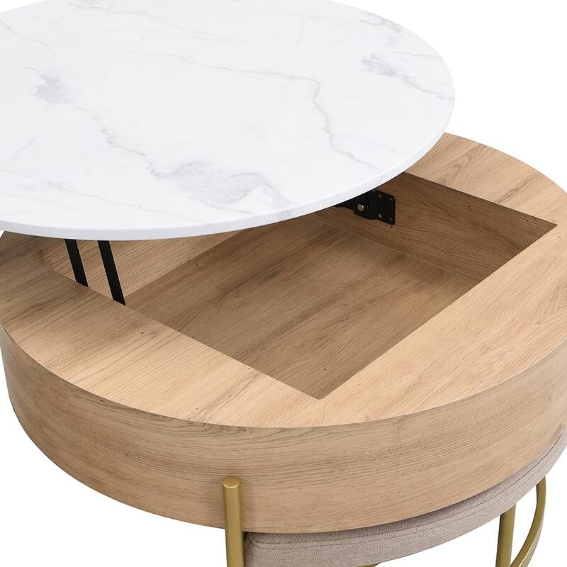 Modern Round Lift Coffee Table Stylish Coffee with Lift Mechanism Storage and 3 Footstools, for Living Room
