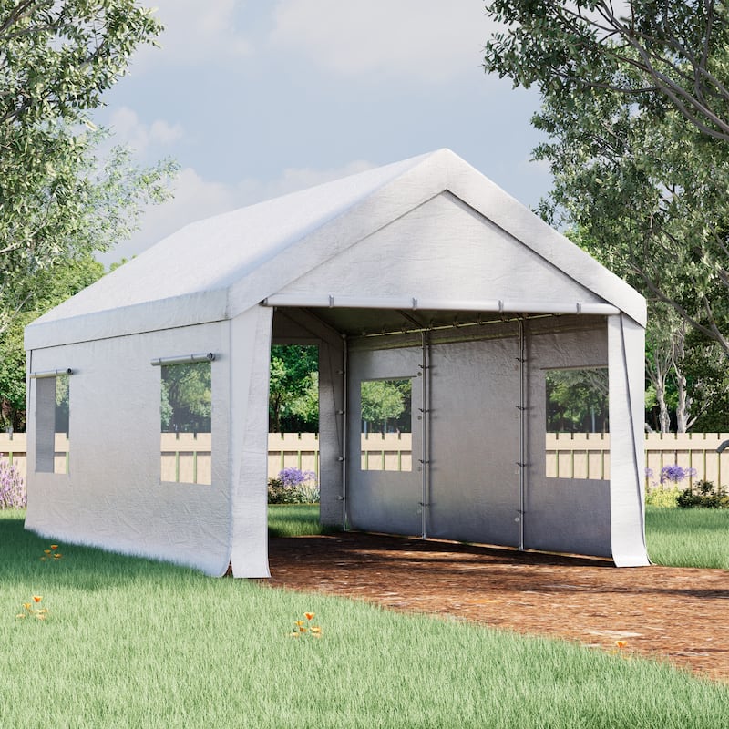 Heavy-Duty Fully Enclosed Carport - UV-Resistant, Waterproof Canopy with Roll-Up Windows & Reinforced Steel Frame - 10' x 20' - White