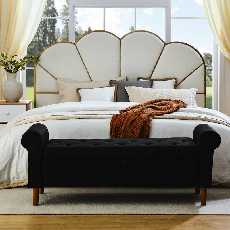 62" Bedroom Tufted Button Storage Bench, Modern Fabric Upholstered Ottoman,Window Bench,Rolled Arm Design for Bedroom