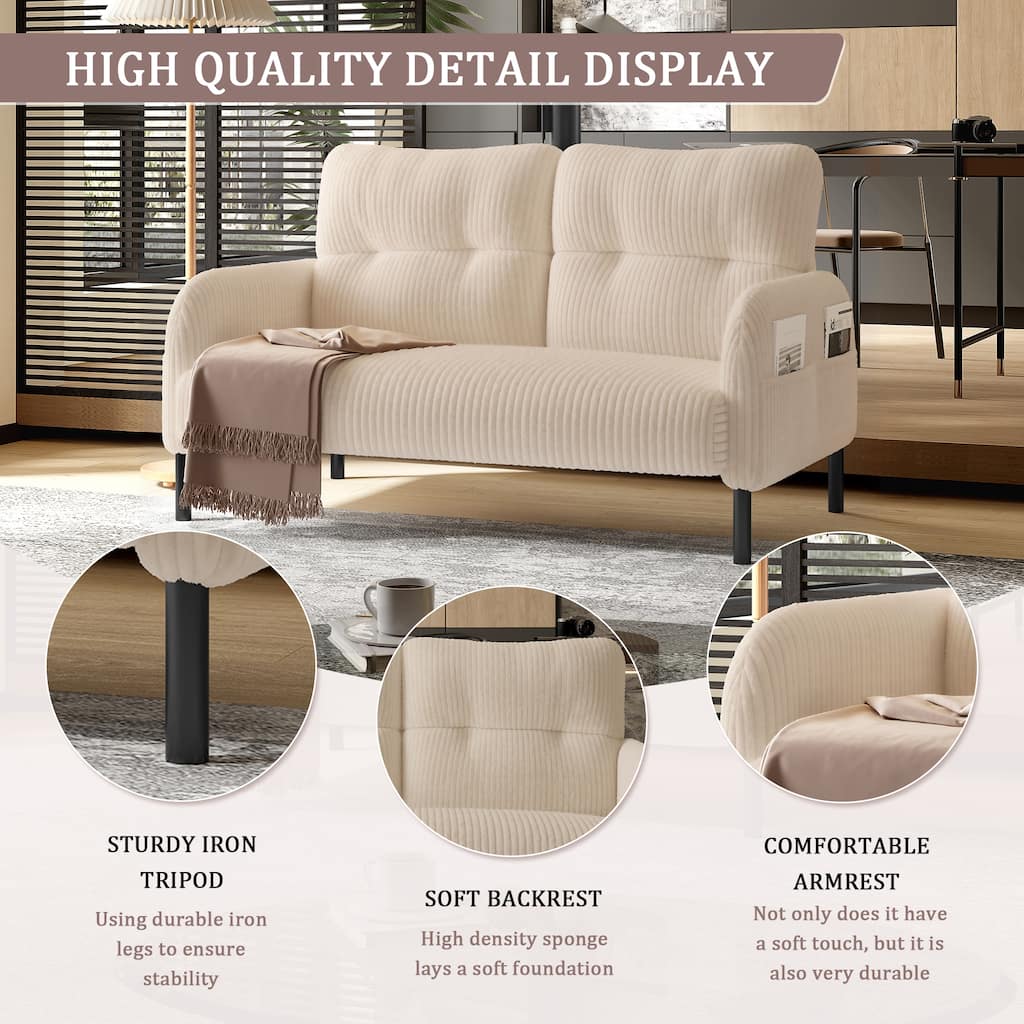 Small Corduroy Upholstered Loveseat Sofa, Lounge Sofa Chair with Double Side Pockets, High-Density Sponge 2 Seater Sofa