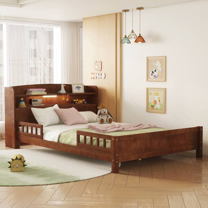 Full Pine Wood Bed with Bookcase Headboard, LED Motion Sensor Light, Bed Guardrails, Walnut Finish