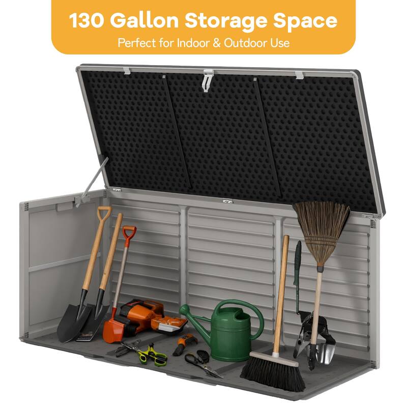 130 Gal. Upgraded Resin Deck Box, Outdoor Storage Box Waterproof with Hydraulic Rod and Side Handle, Lockable