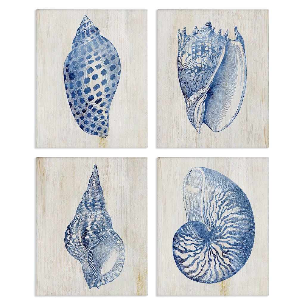 Stupell Blue Seashells on Beige Canvas Wall Art Design By Susan Arnot (Set of 4)